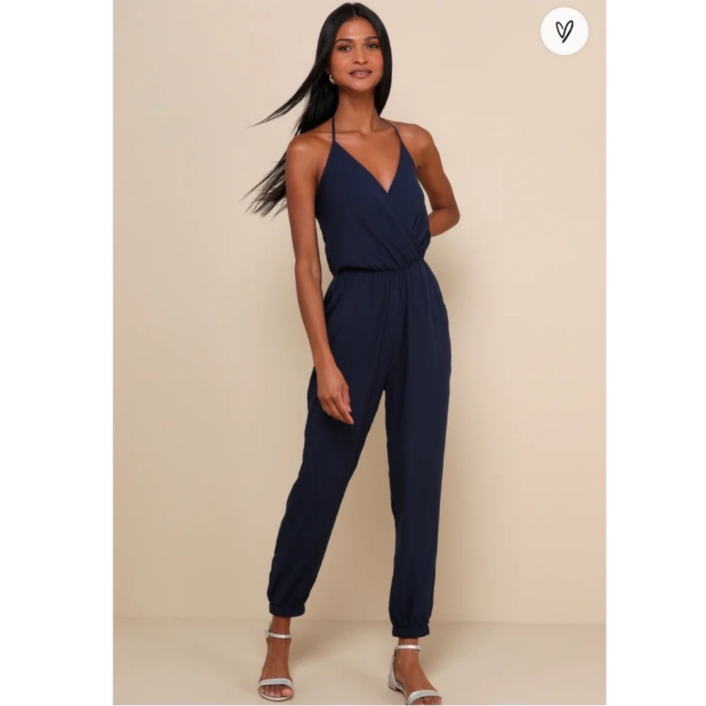 NWT Lulus Learning to Fly Navy Halter Jumpsuit Small Flawed